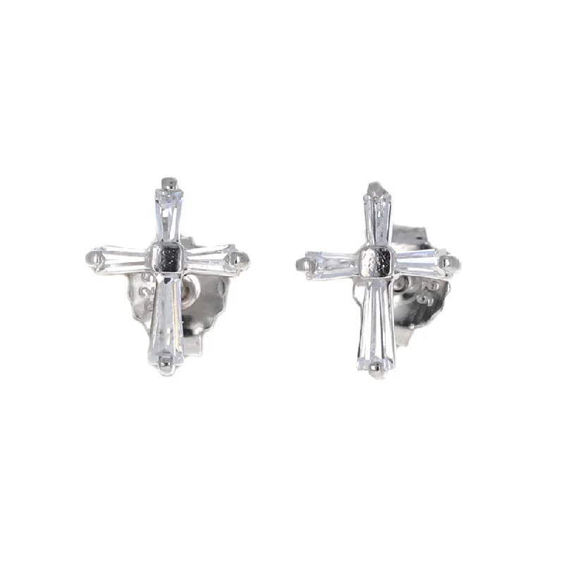 Stud Earrings with Wave Designs -Faith Statement Clear CZ Cross Stud Earrings