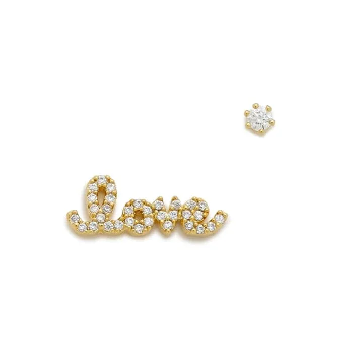 Stud Earrings for Travel Look -Gold "LOVE" and Clear CZ Stud Earrings