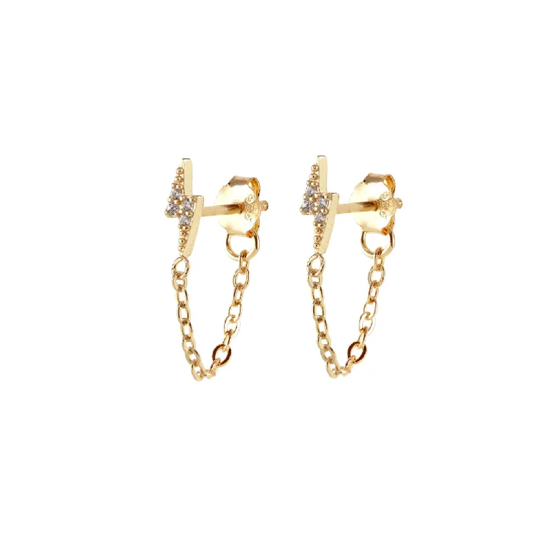 Lightweight Stud Earrings for All Day -Lightning Bolt Crystal Chain Stud Earrings