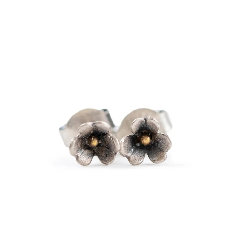 Multi Stud Earrings with Chains -***Small Flower Stud Earrings in Silver Oxidized Finish