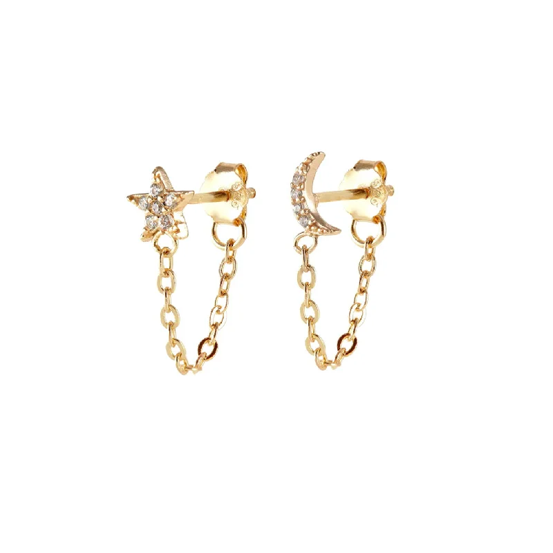 Waterproof Stud Earrings for Outdoor -Star Moon Crystal Chain Stud Earrings