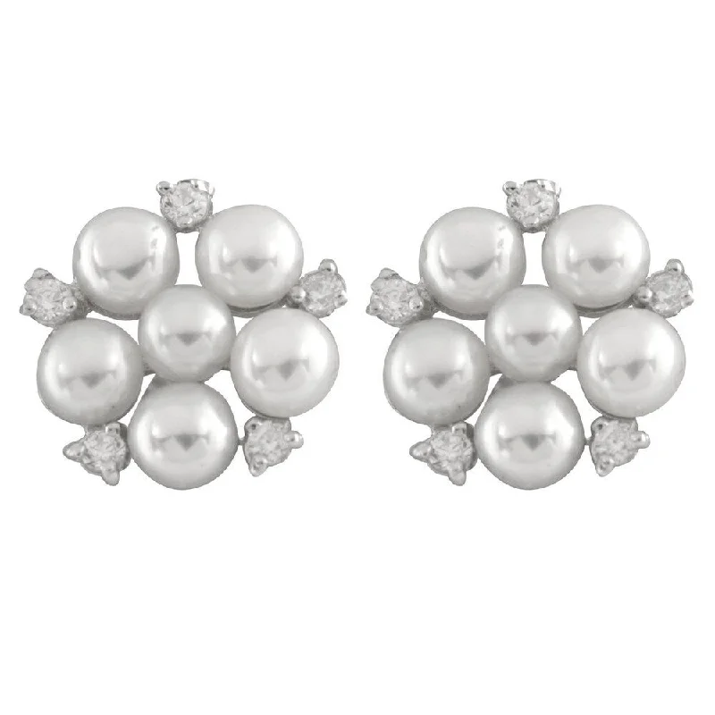 Stud Earrings with Symbolic Elements -Sterling Silver Cubic Zirconia and Freshwater Pearl Cluster Stud Earrings