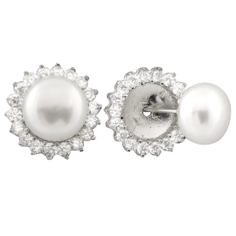 Crystal Stud Earrings for Sparkle -Sterling Silver Freshwater Pearl and Cubic Zirconia Halo Stud Earrings (8-9mm)