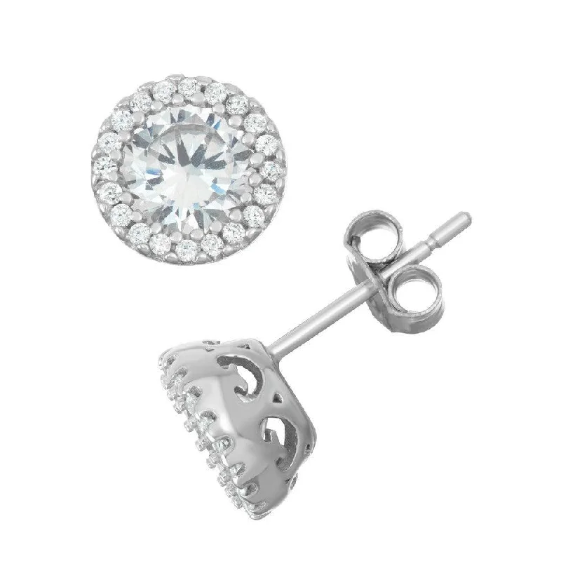 Silver Stud Earrings for Men -Sterling Silver Round CZ Border Stud Earrings