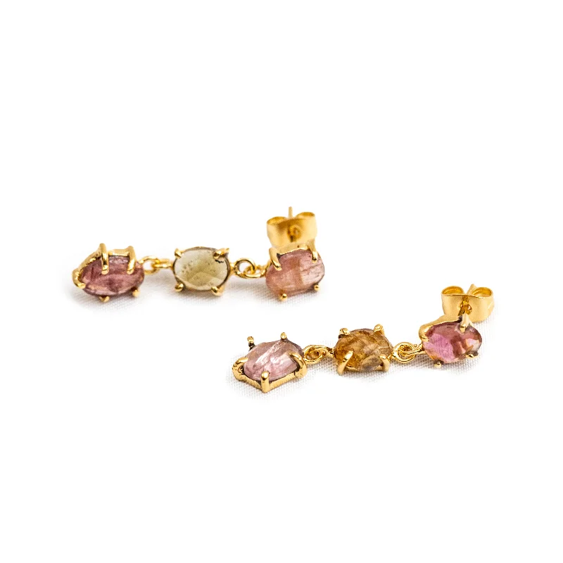 Stud Earrings for Gym Workout -Watermelon Tourmaline Stud Earrings - Gold Plated Brass