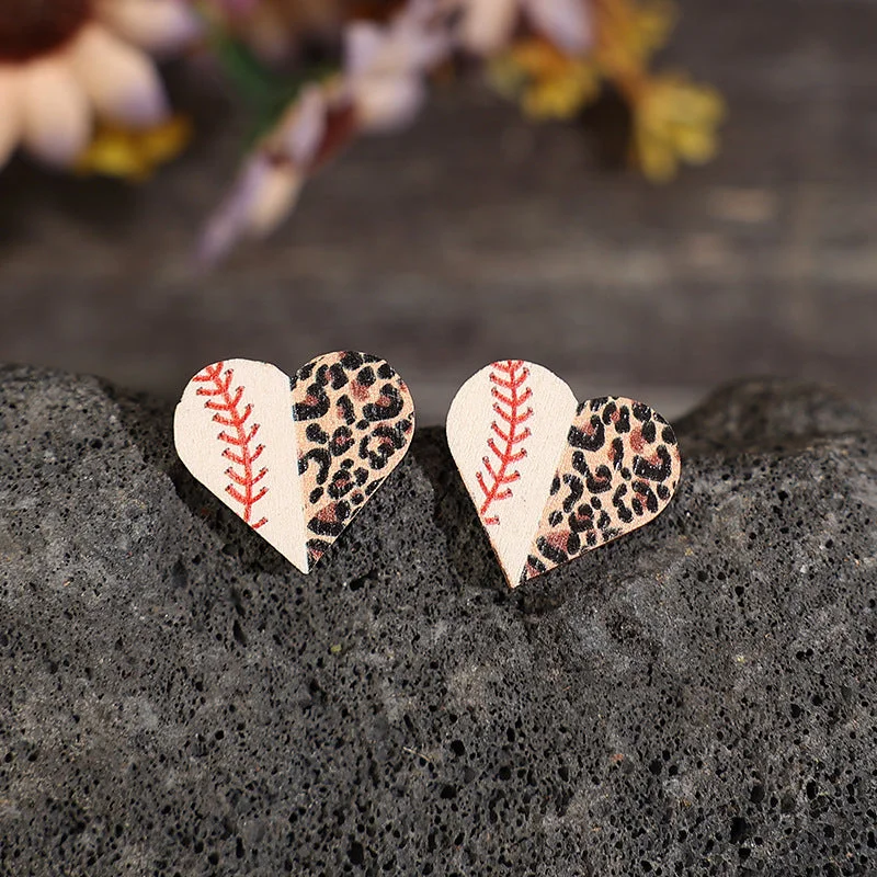 Lead Free Stud Earrings for Health -Wholesale Valentine's Day Wooden Heart Shape Leopard Print Stud Earrings