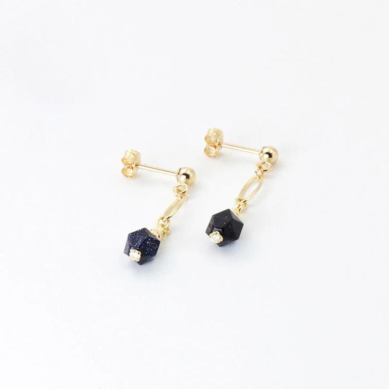 Multi Stud Earrings with Chains -Women's Fashion Blue Sandstone Bead 14K Gold Stud Earrings Jewelry Accessories for Women