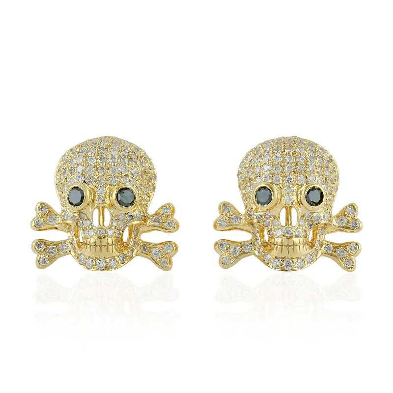 Stud Earrings for Wellness Routine -Diamond Stud Earrings 18k Yellow Gold Handmade Skull Jewelry