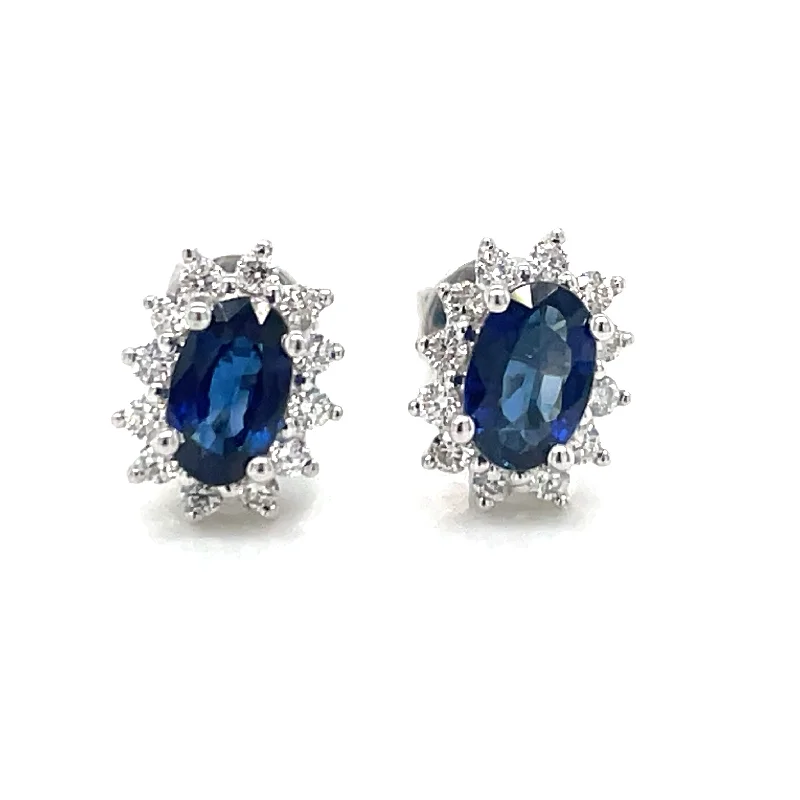 Stud Earrings for Formal Attire -9ct White Gold Earth Grown Princess Di Style Sapphire & Diamond Stud Earrings