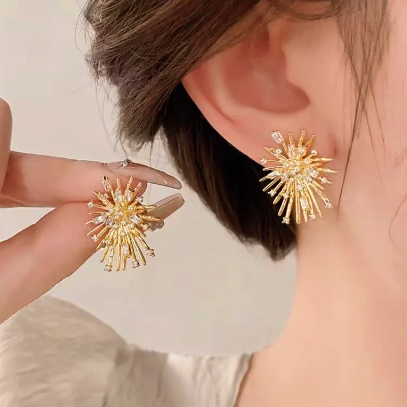 African Stud Earrings with Culture -14K Gold-Plated Elegant Zircon Fireworks Stud Earrings