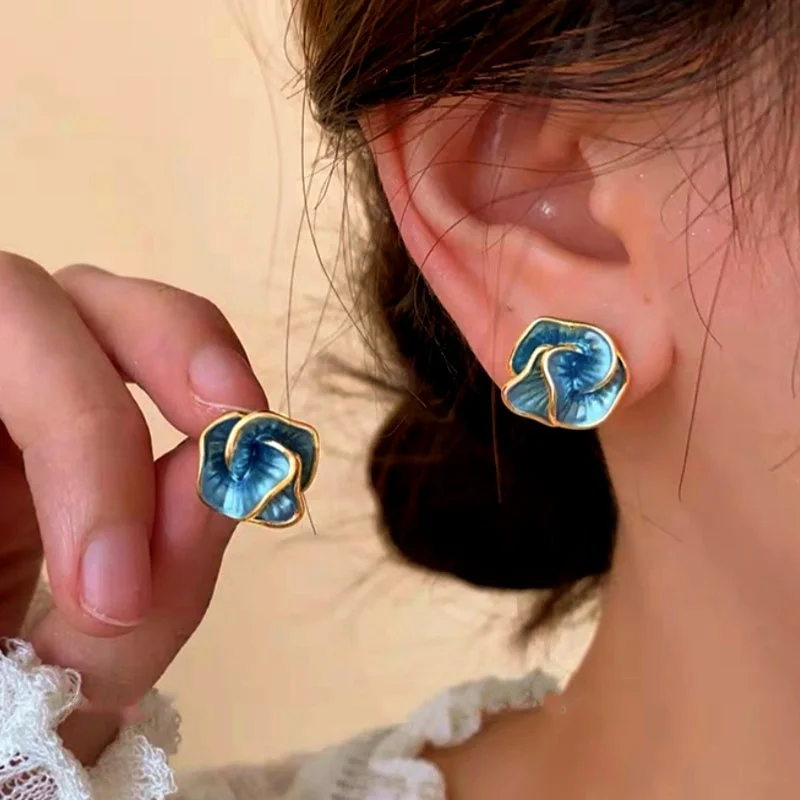 Tarnish Resistant Stud Earrings for Longevity -14K Gold-Plated Haze Blue Flower Stud Earrings