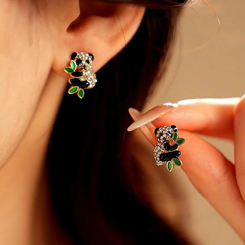 Stud Earrings with Abstract Designs -14K Gold-Plated Zircon Panda Stud Earrings