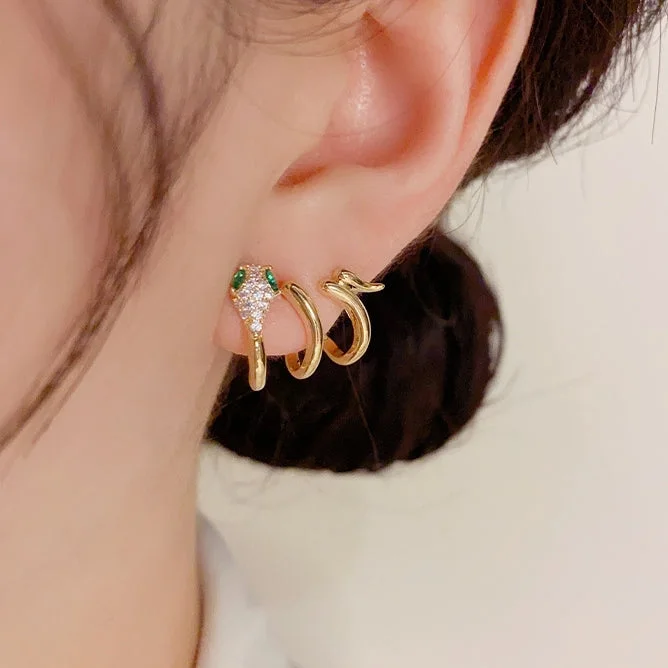 Multi Stud Earrings with Chains -14K Gold Plated Zircon Snake Stud Earrings