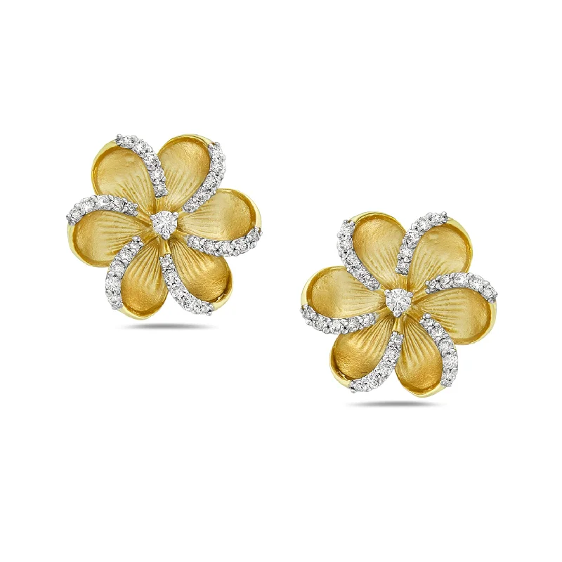 Stud Earrings for Travel Look -14K Yellow Gold Carved Flower Stud Earrings Natural Diamond For Women