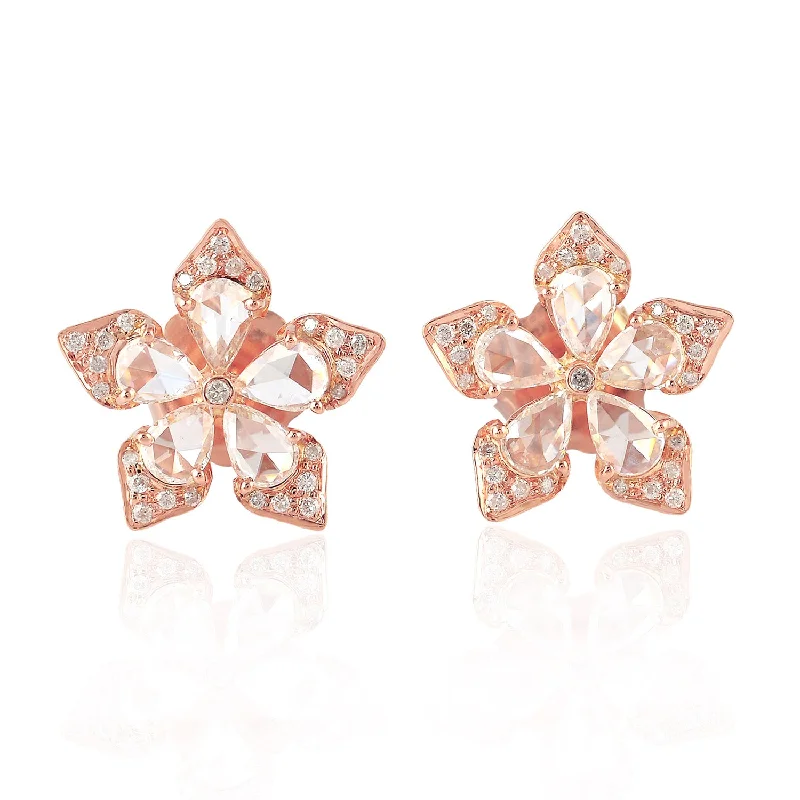 Stud Earrings for Work Attire -18K Rose Gold Natural Rose Cut Diamond Flower Stud Earrings For Christmas Sale