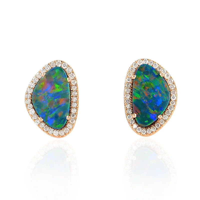 Stud Earrings with Floral Motifs -18K Rose Gold Opal Doublet Gemstone Prong Diamond Antique Stud Earrings