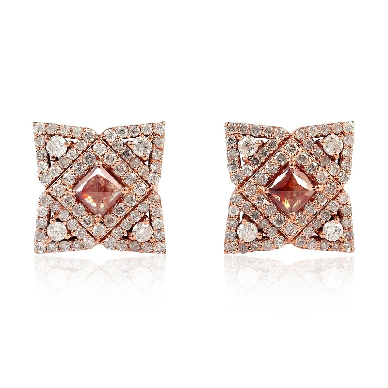 African Stud Earrings with Culture -18K Rose Gold Prong Princess Cut Natural Ice Diamond Classic Stud Earrings