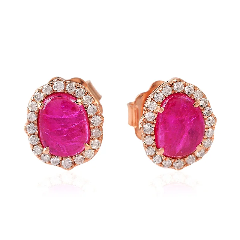 Stud Earrings for Wedding Ceremony -18K Rose Gold Red Slice Ruby Pave Diamond Mini Stud Earrings For Her Valentine Gift