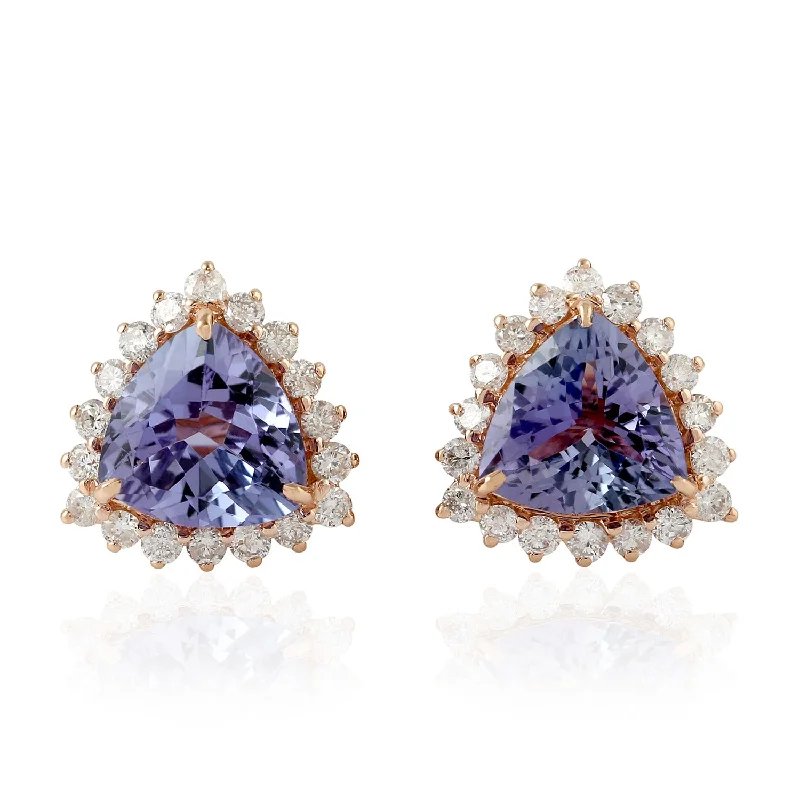 Stud Earrings for Prom Night -18k Rose Gold Trillion Cut Tanzanite Pave Diamond Stud Earrings