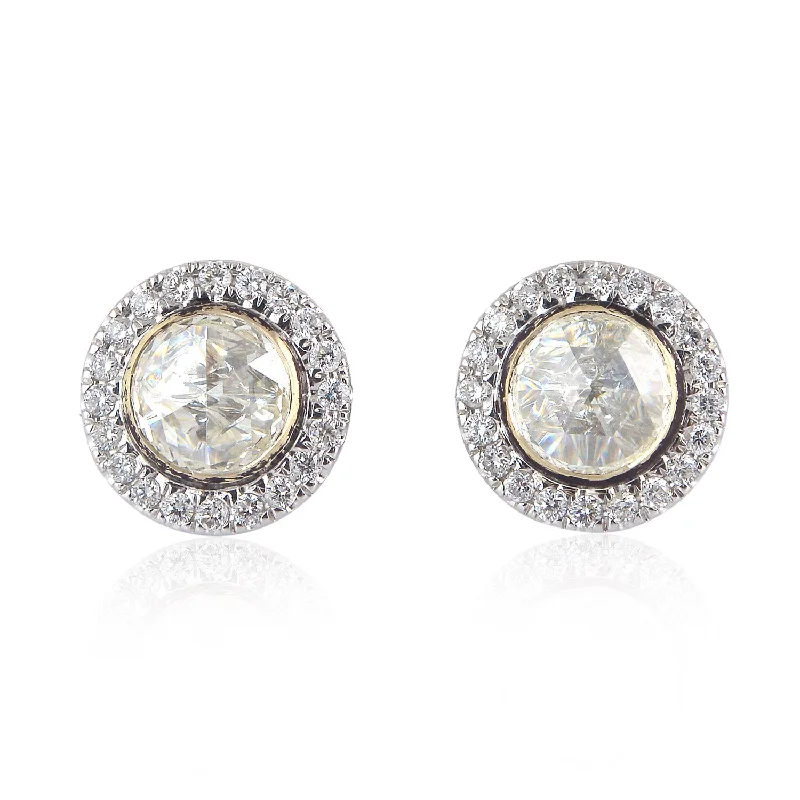 Hippie Stud Earrings with Beads -18K White Gold Bezel Set Rose Cut Diamond Stud Earrings For Her