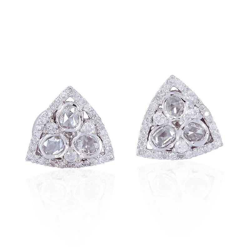 Stud Earrings with Knot Designs -18K White Gold Bezel Set  Uncut Diamond Triangle Stud Earrings For Her