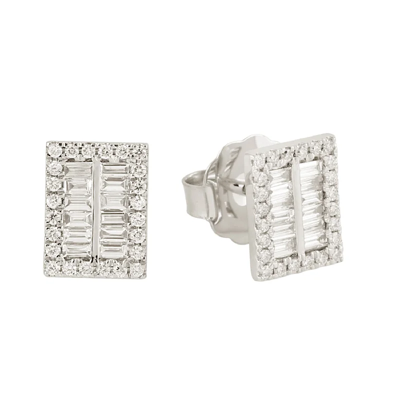 Stud Earrings with Wave Designs -18k White Gold Channel Set Baguette Diamond Rectangle Stud Earrings