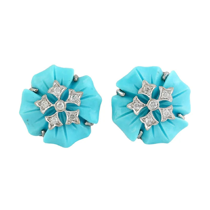 Triple Stud Earrings for Layered -18k White Gold Flower Carving Turquoise Stud Earrings Diamond Jewelry