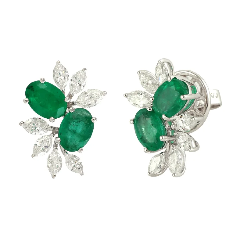 Stud Earrings for Bridesmaids Look -18K White Gold Marquise Rose Diamond Oval Emerald Stud Earrings For Birthday Gifts