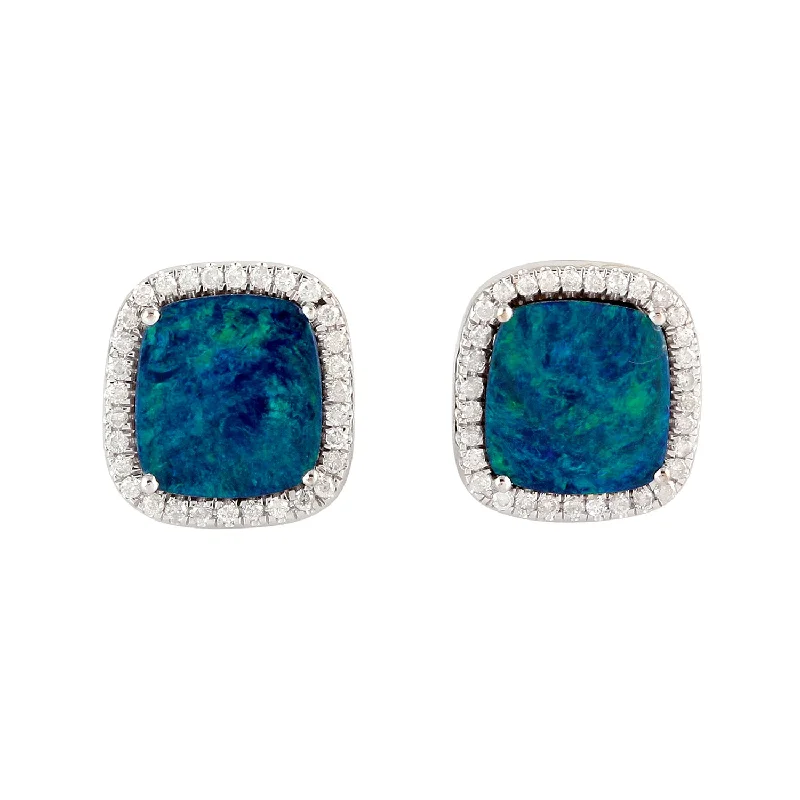 Stud Earrings with Vine Designs -18K White Gold Micro Pave Natural Diamond Prong Opal Doublet Stud Earrings