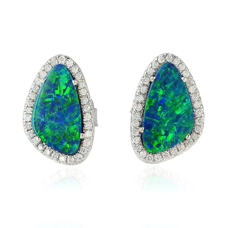 Stud Earrings for School Uniform -18K White Gold Mix Cut Opal Doublet Prong Diamond Stud Earrings For Christmas