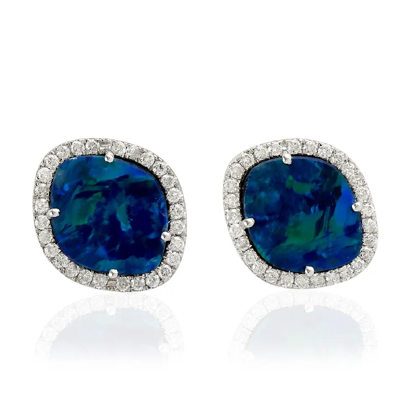 Stud Earrings for Anniversary -18K White Gold Pave Diamond & Opal Doublet Stud Earrings For Her