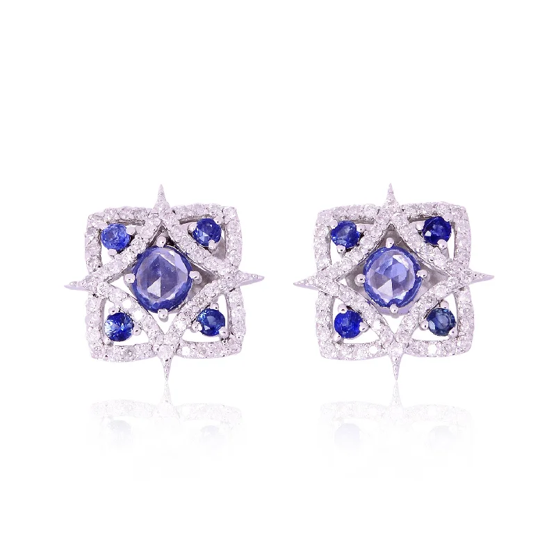 Stud Earrings with Wave Designs -18K White Gold Prong Blue Sapphire Pave Diamond Star Stud Earrings For Women's