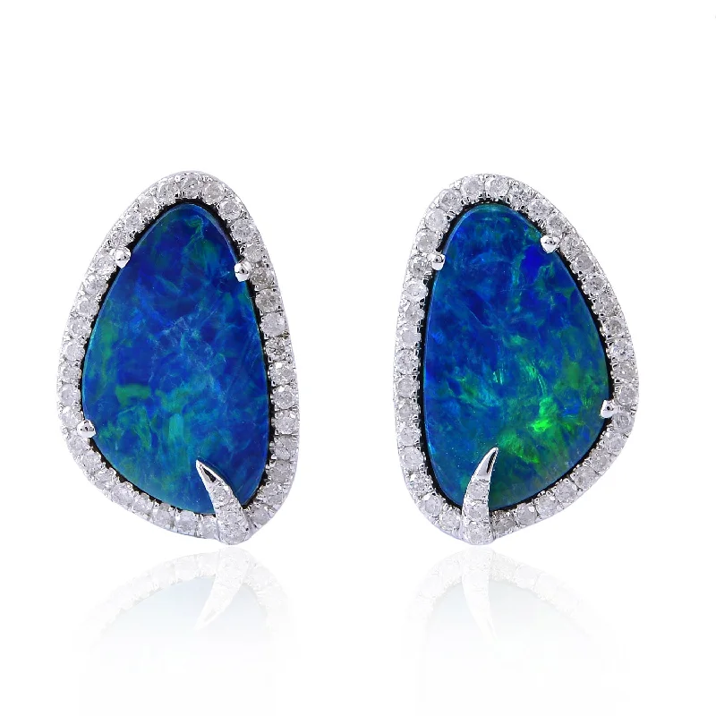 Punk Stud Earrings with Spikes -18K White Gold Prong Opal Doublet Pave Natural Diamond Stud Earrings