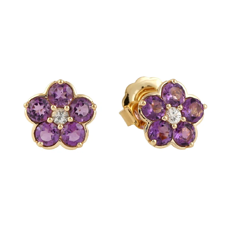 Stud Earrings for Everyday Glamour -18k Yellow Gold Amethyst Flower Stud Earrings Fine Jewelry