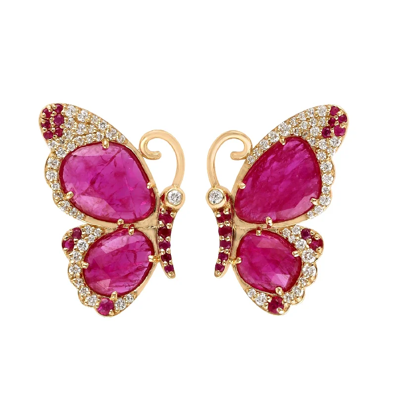 Silver Stud Earrings for Men -18k Yellow Gold Natural Ruby Diamond Gemstone Butterfly Stud Earrings For Gift