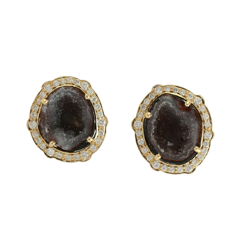 Stud Earrings for Concert Look -18K Yellow Gold Pave Diamond Uneven Geode Gemstone Stud Earrings Jewelry