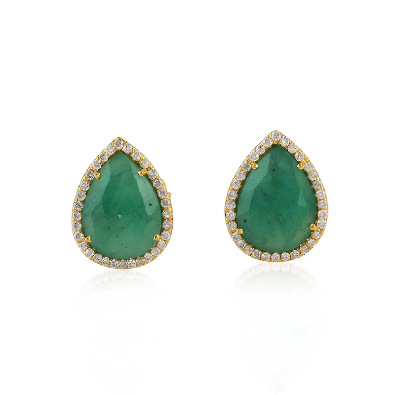 Star Shaped Stud Earrings for Charm -18K Yellow Gold Pear Emerald May Birthstone Prong Natural Diamond Stud Earrings