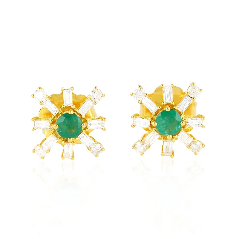 Crystal Stud Earrings for Sparkle -18K Yellow Gold Prong Emerald Baguette Diamond Sparkle Stud Earrings For Women's