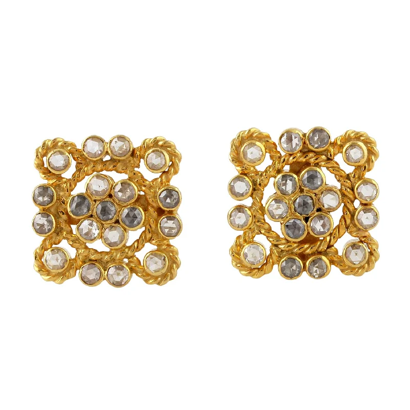 Stud Earrings with Vine Designs -18Kt Solid Yellow Gold Diamond Indian Ethnic Look Stud Earrings Jewelry