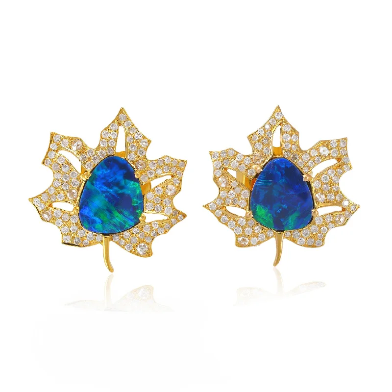 Stud Earrings with Keyhole Designs -18kt Yellow Gold Opal Gemstone Maple Leaf Stud Earrings October Birthstone Jewelry