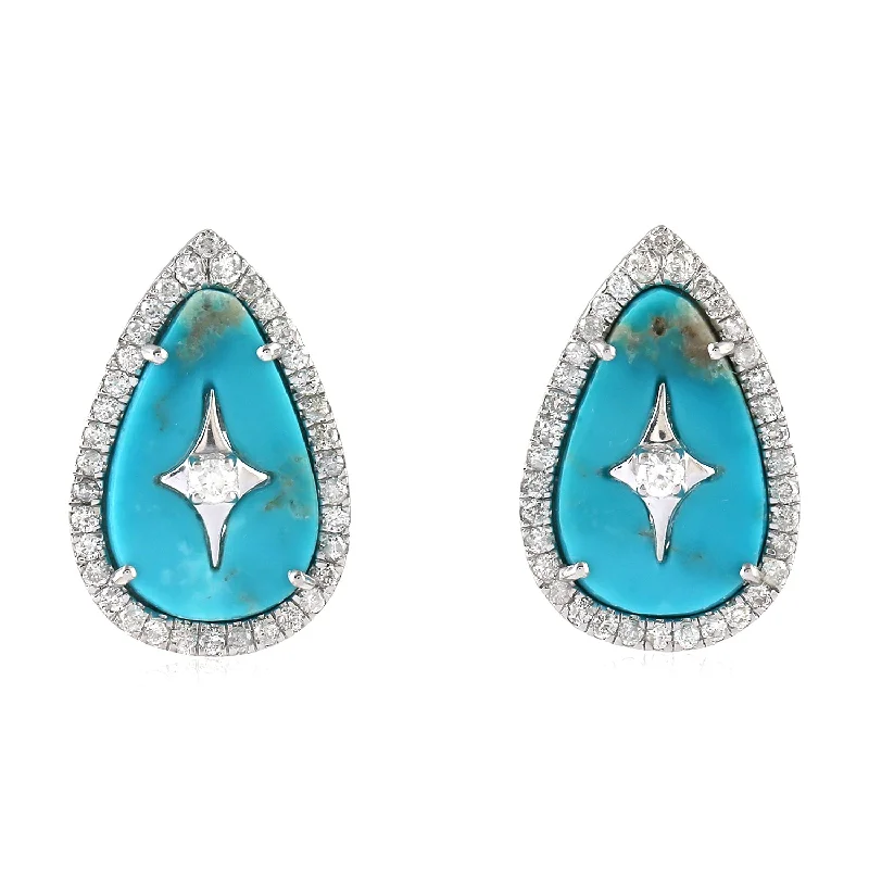 Stud Earrings with Symbolic Elements -Natural Turquoise Pear Shape Stud Earrings 18K White Gold Diamond Jewelry