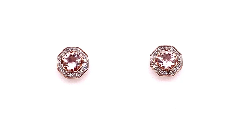 Stud Earrings with Debossed Designs -9ct Rose Gold Earth Grown Morganite & Diamond Stud Earrings