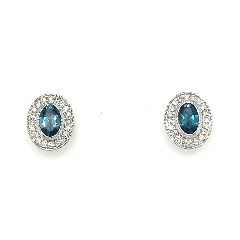 Stud Earrings for Bridesmaids Look -9ct White Gold 1.19ct Earth Grown London Blue Topaz & Diamond Halo Stud Earrings