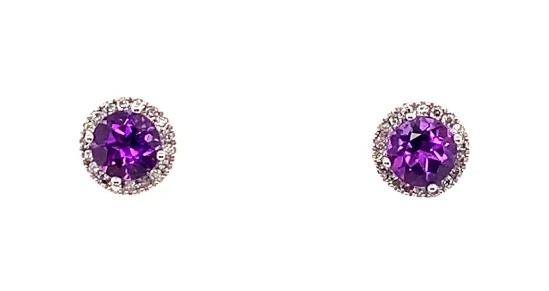 Stud Earrings for Graduation Day -9ct White Gold Amethyst And Diamond Round Stud Earrings