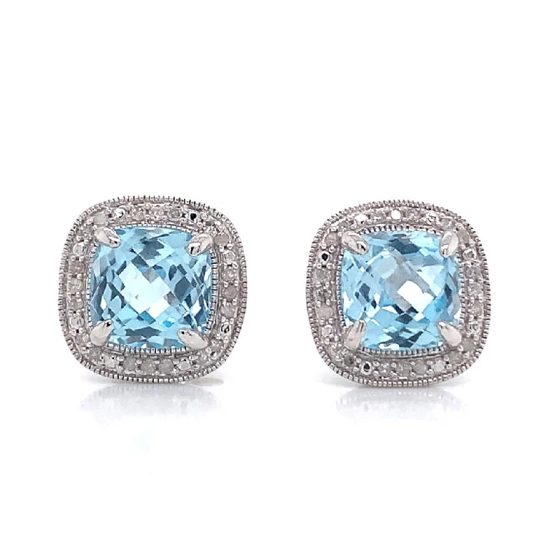 Stud Earrings for Christmas Party -9ct White Gold Cushion Cut Earth Grown Blue Topaz And Diamond Stud Earrings