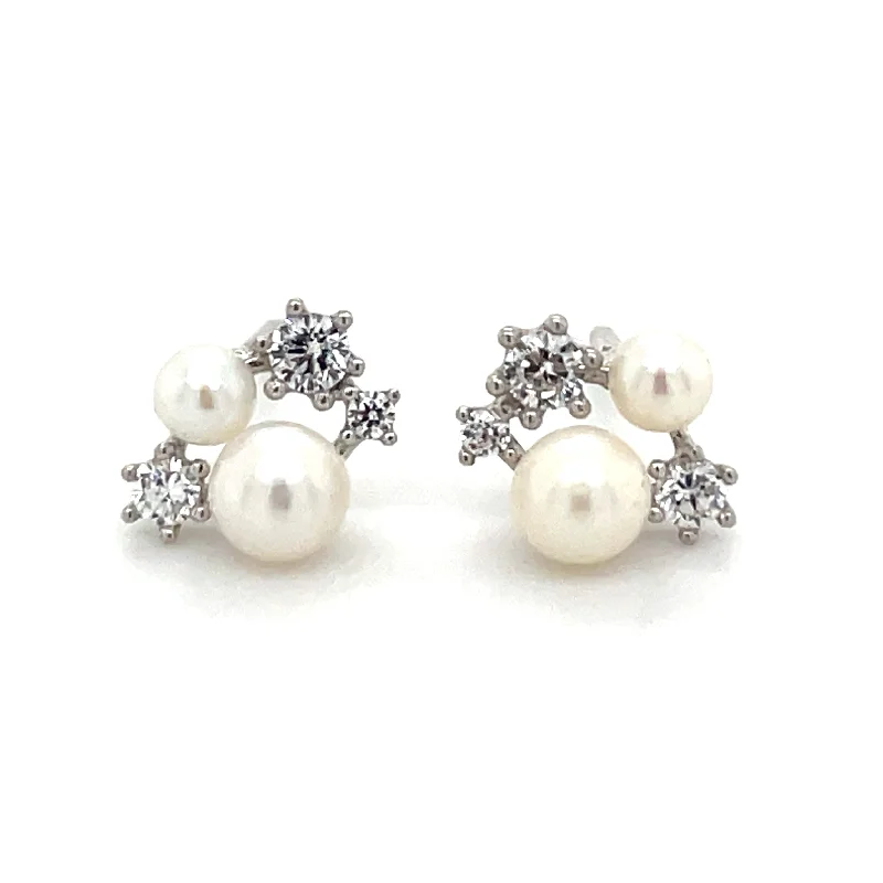 Stud Earrings for Work Attire -9ct White Gold Multi Cz & Pearl Stud Earrings