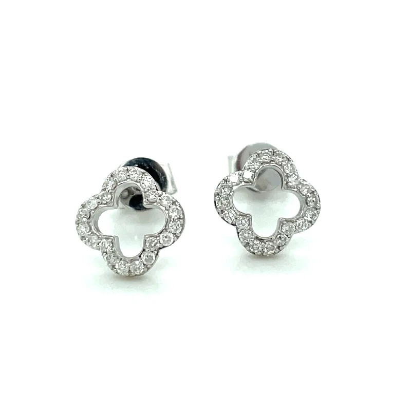 Stud Earrings for School Uniform -9ct White Gold Open Clover Diamond Stud Earrings