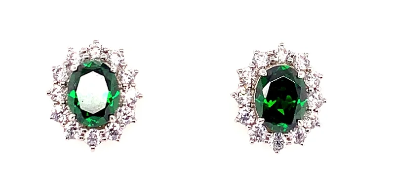 Stud Earrings for Gym Workout -9ct White Gold Princess Di Emerald And Cz Stud Earrings