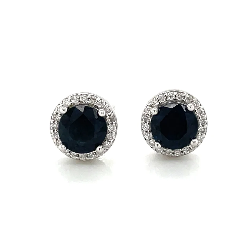 Stud Earrings for Evening Gown -9ct White Gold Earth Grown Round Sapphire & Diamond Halo Stud Earrings