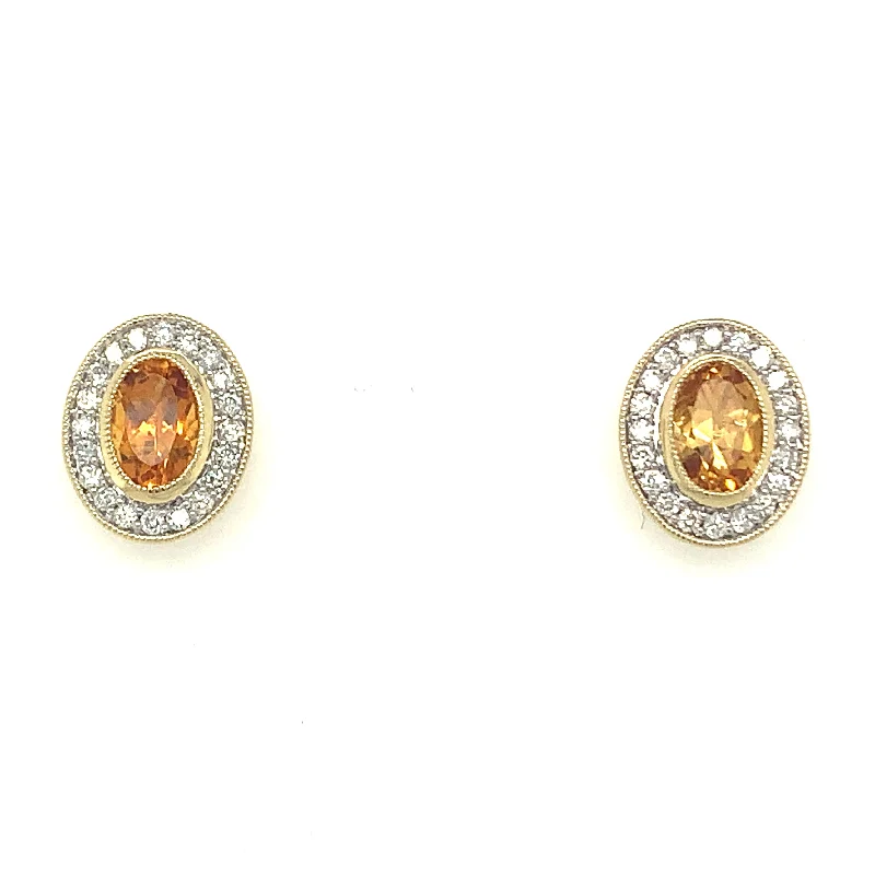 Hippie Stud Earrings with Beads -9ct Yellow Gold Earth Grown 1.05ct Citrine and Diamond Halo Stud Earrings